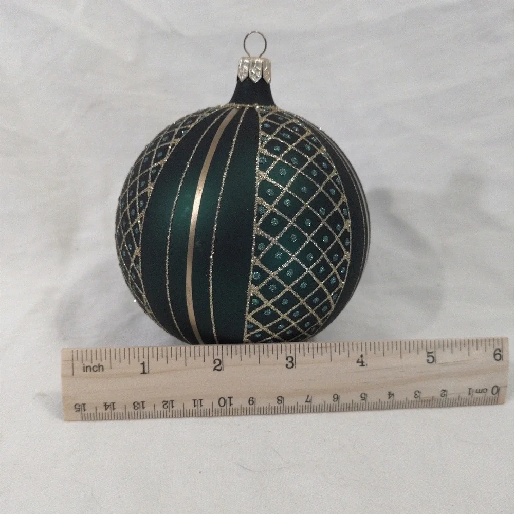 Emerald Green Glass Christmas Ball Ornament Gold Lattice Teal Glitter 3.25